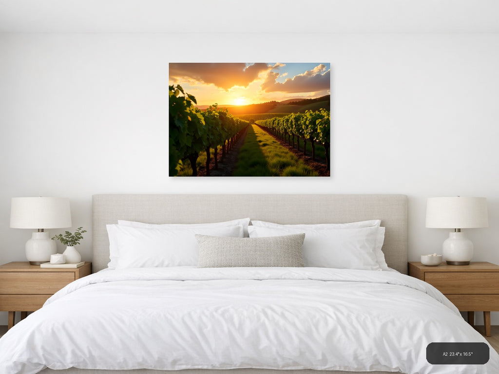 Golden Sunset Over Vineyard Rows Photography Wall Art — A2 / Bedroom