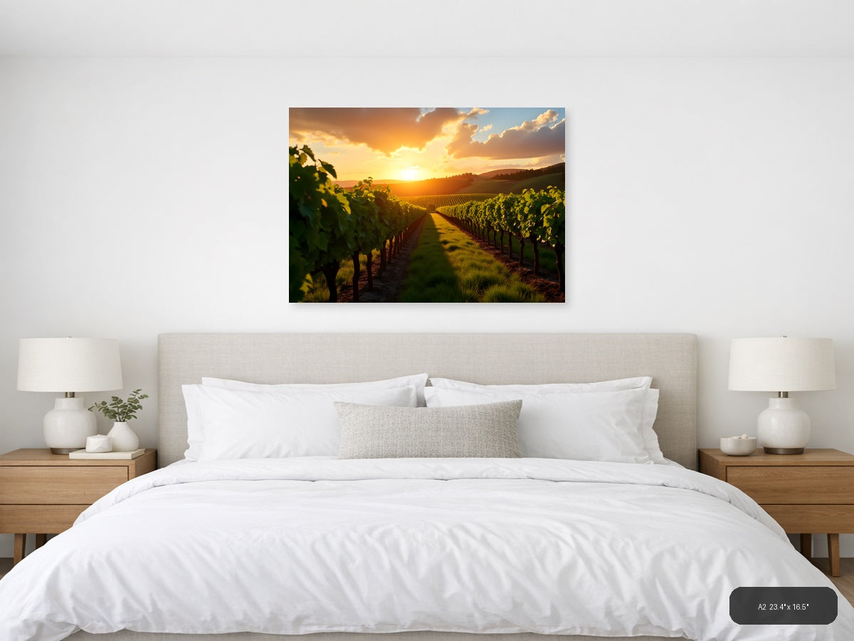 Golden Sunset Over Vineyard Rows Photography Wall Art — A2 / Bedroom