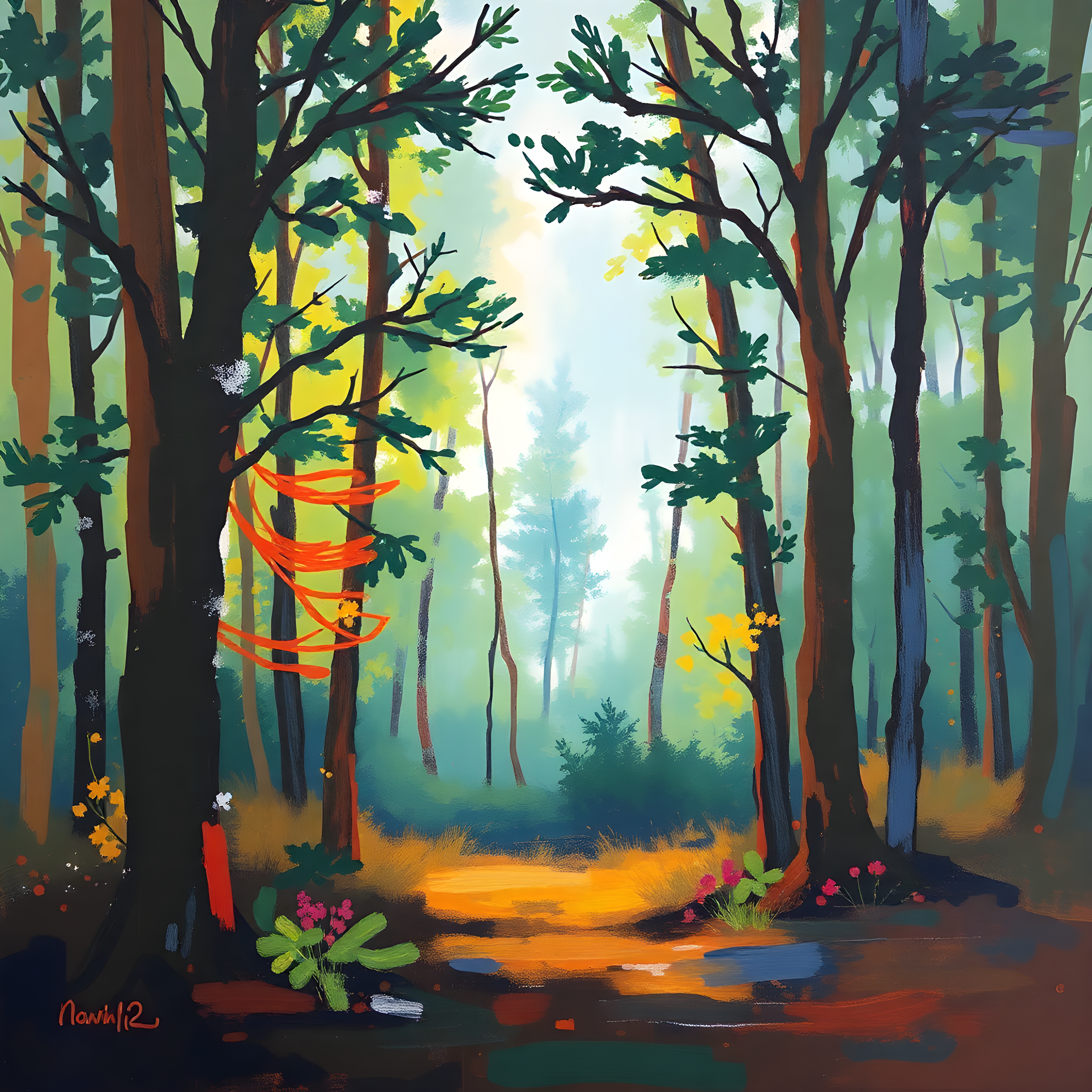 Abstract Forest Path with Orange Light - Modern Wall Art