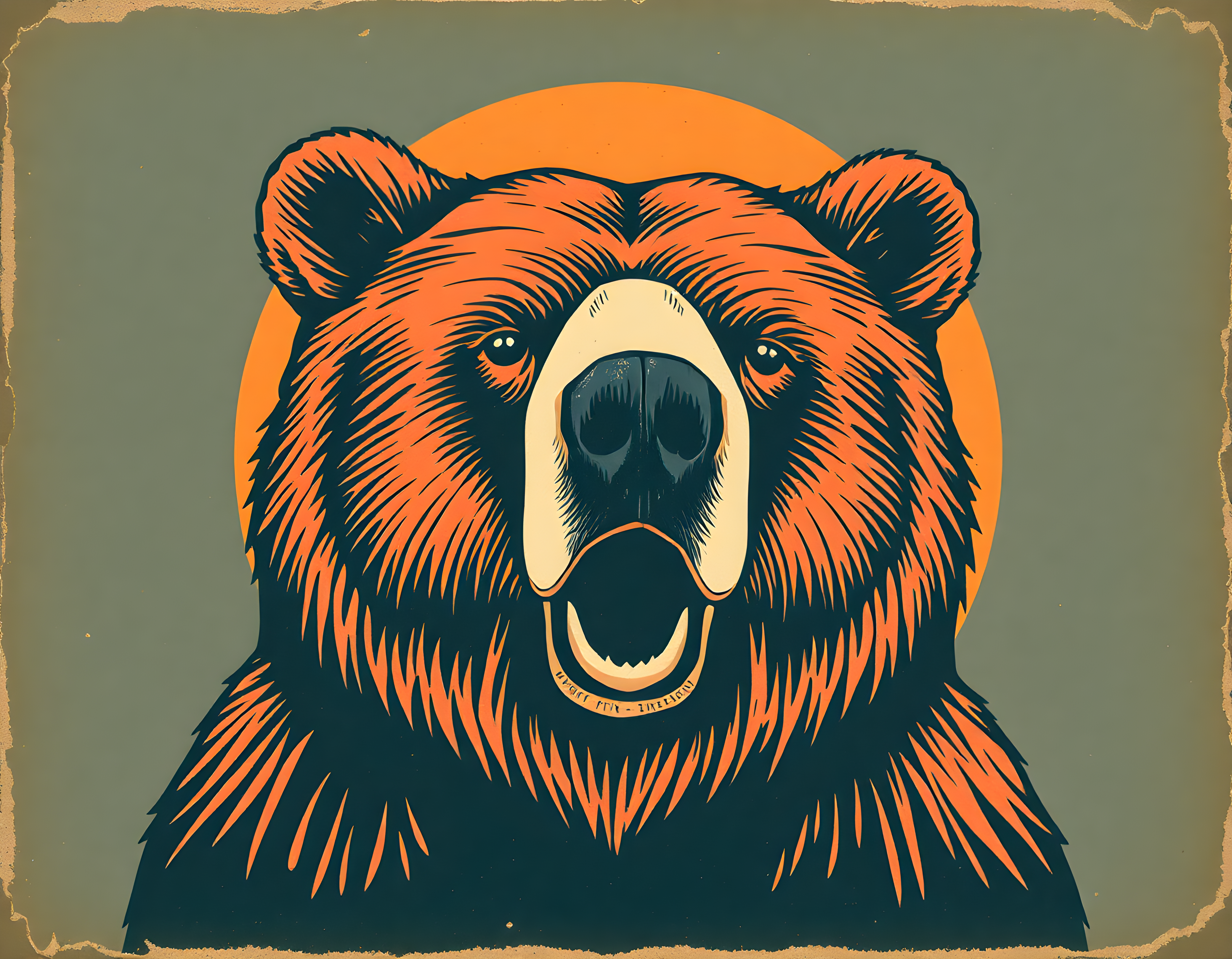 Vintage Bear Head Portrait Orange & Teal Wall Art