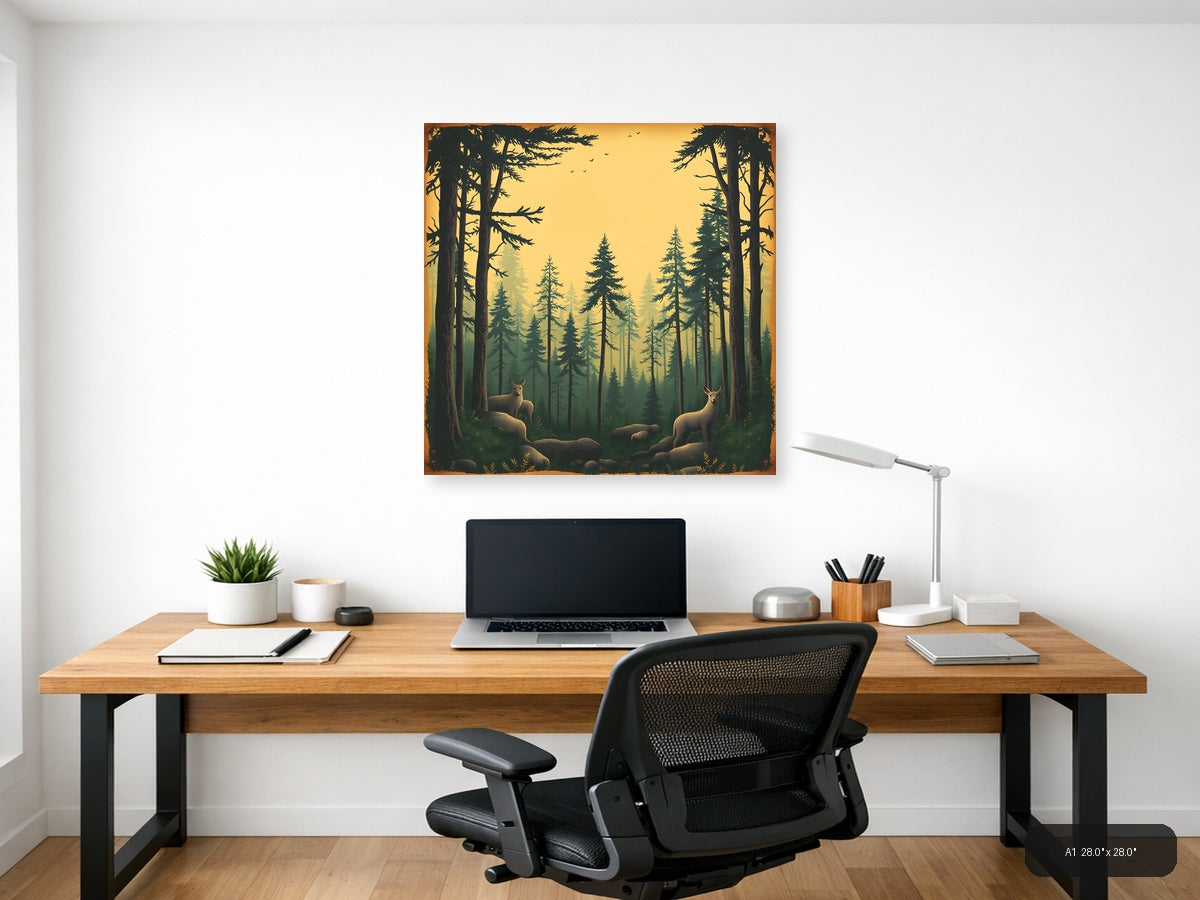 Vintage Forest Deer Scene Wall Art — A1 / Office