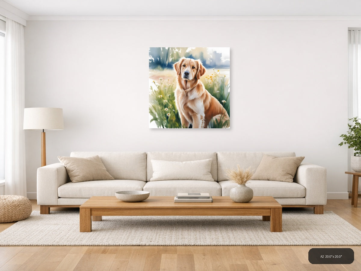 Golden Retriever in Wildflowers Watercolor Wall Art — A2 / Living Room