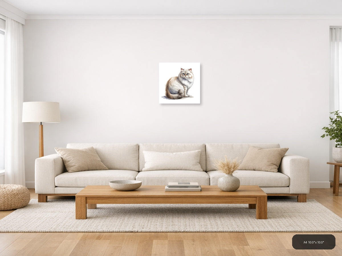 Fluffy White Cat with Blue Eyes Minimalist Wall Art — A4 / Living Room