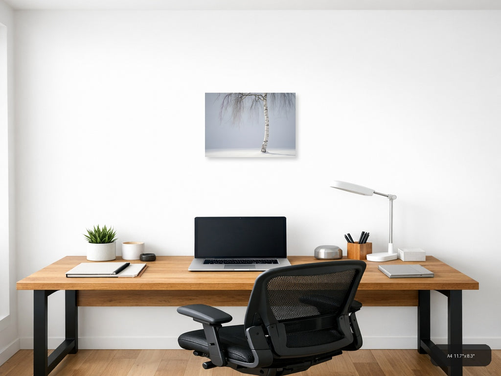 Minimalist Winter Birch Tree in Snow Landscape Wall Art — A4 / Office