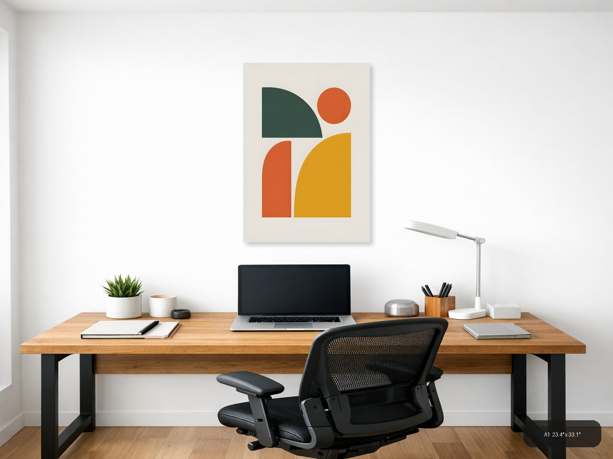 Minimalist Geometric Shapes in Green, Orange & Gold Wall Art — A1 / Office