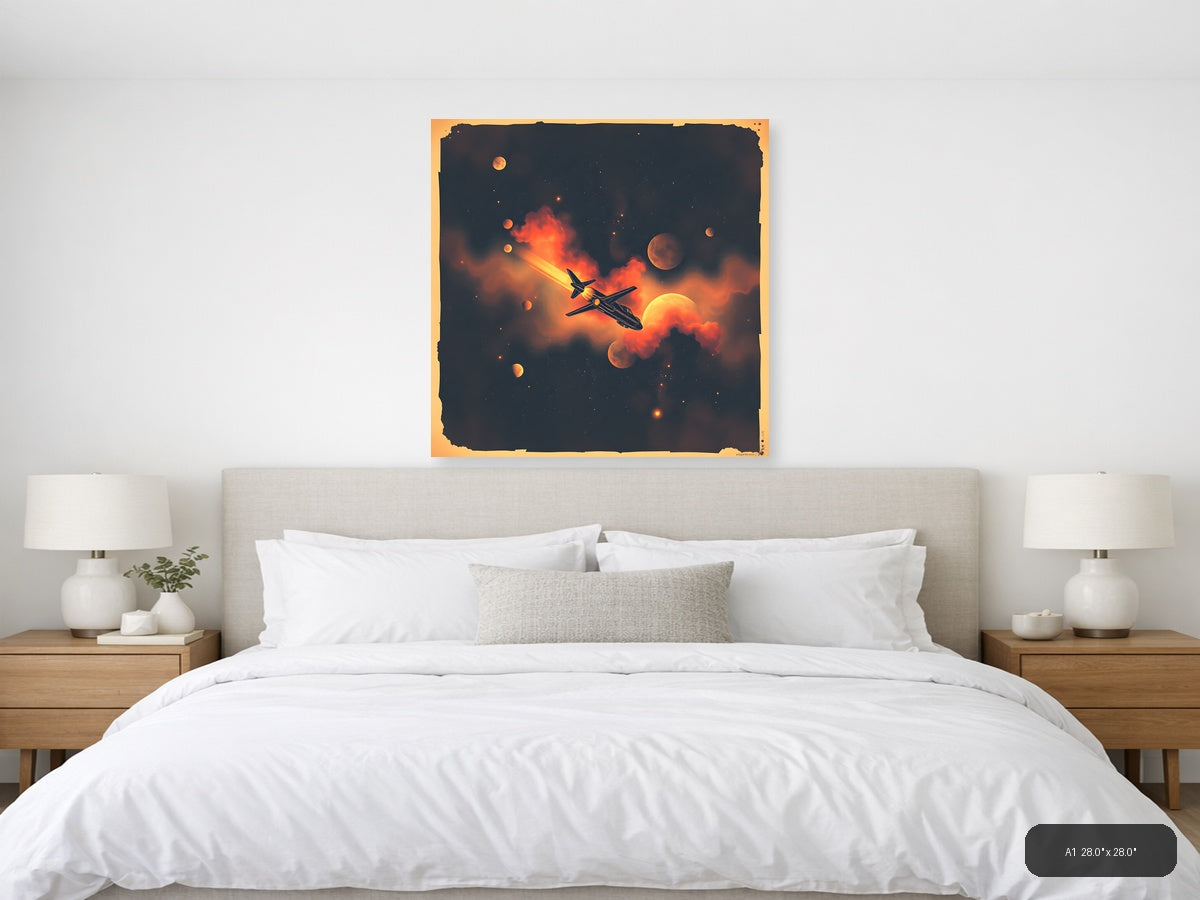 Vintage Spaceship Flight Through Cosmic Fire Wall Art — A1 / Bedroom