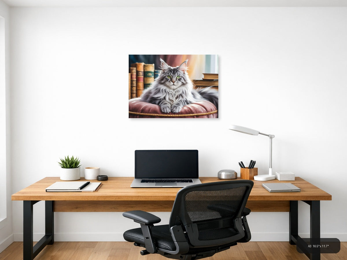 Majestic Long-Haired Cat Library Watercolor Wall Art — A3 / Office