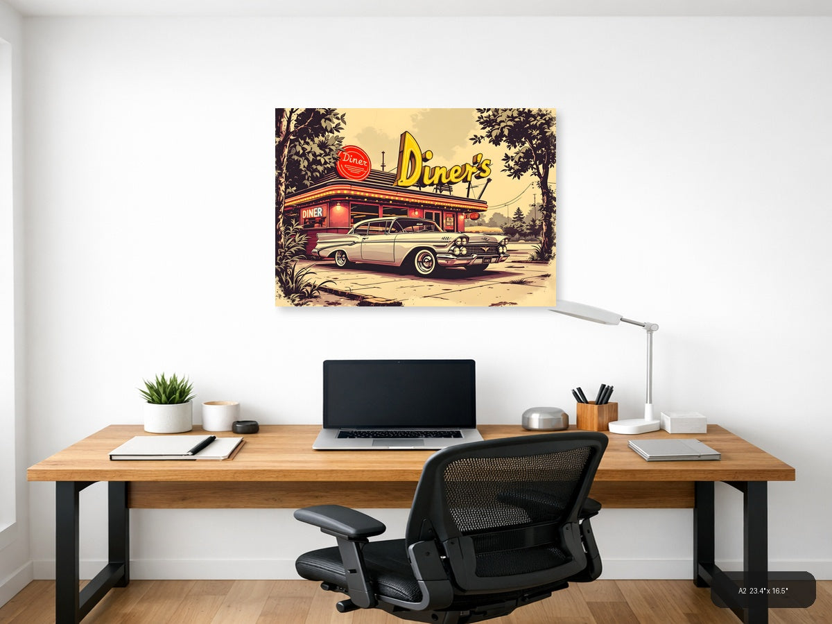 Vintage Diner & Classic Car Retro Wall Art — A2 / Office