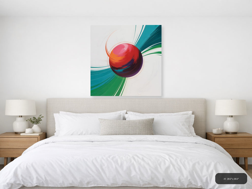 Red Sphere with Teal & Green Wave Abstract Wall Art — A1 / Bedroom