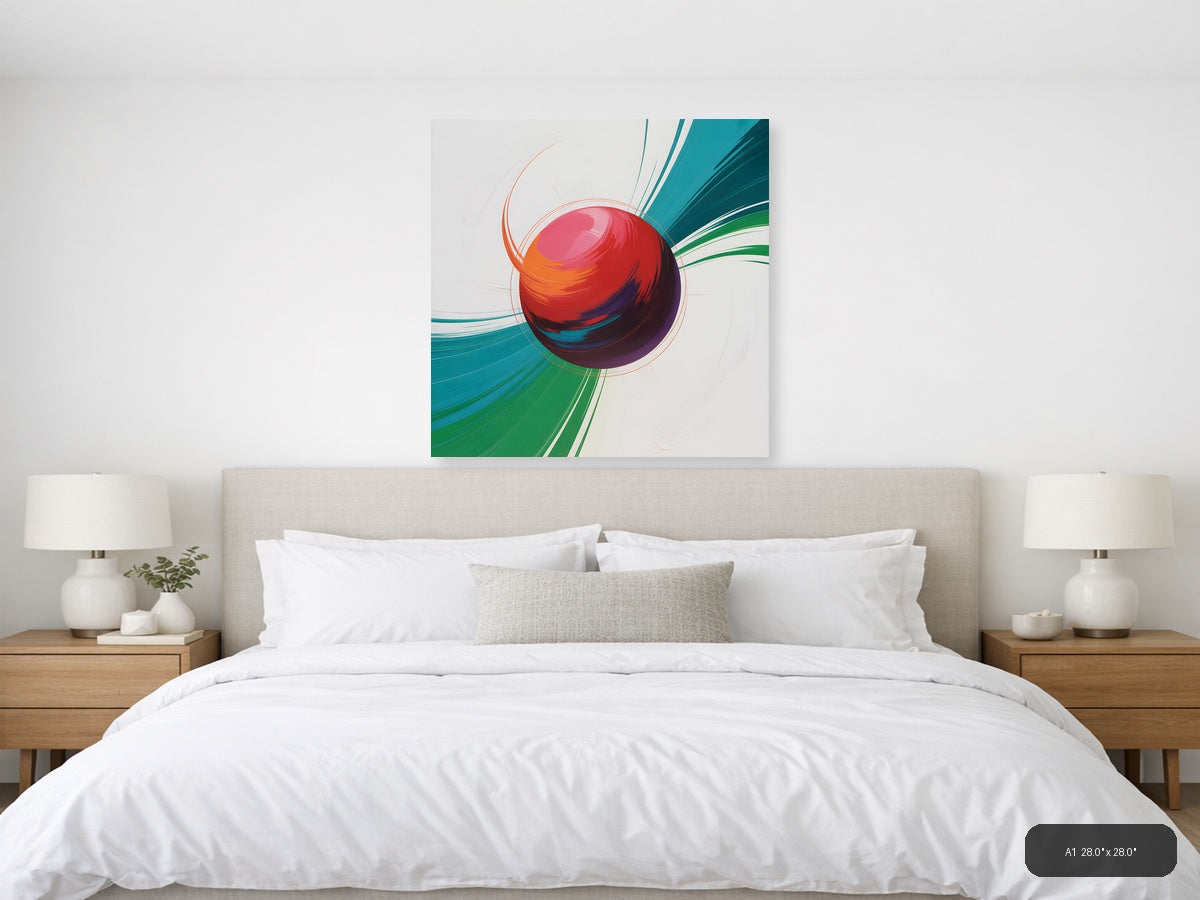 Red Sphere with Teal & Green Wave Abstract Wall Art — A1 / Bedroom