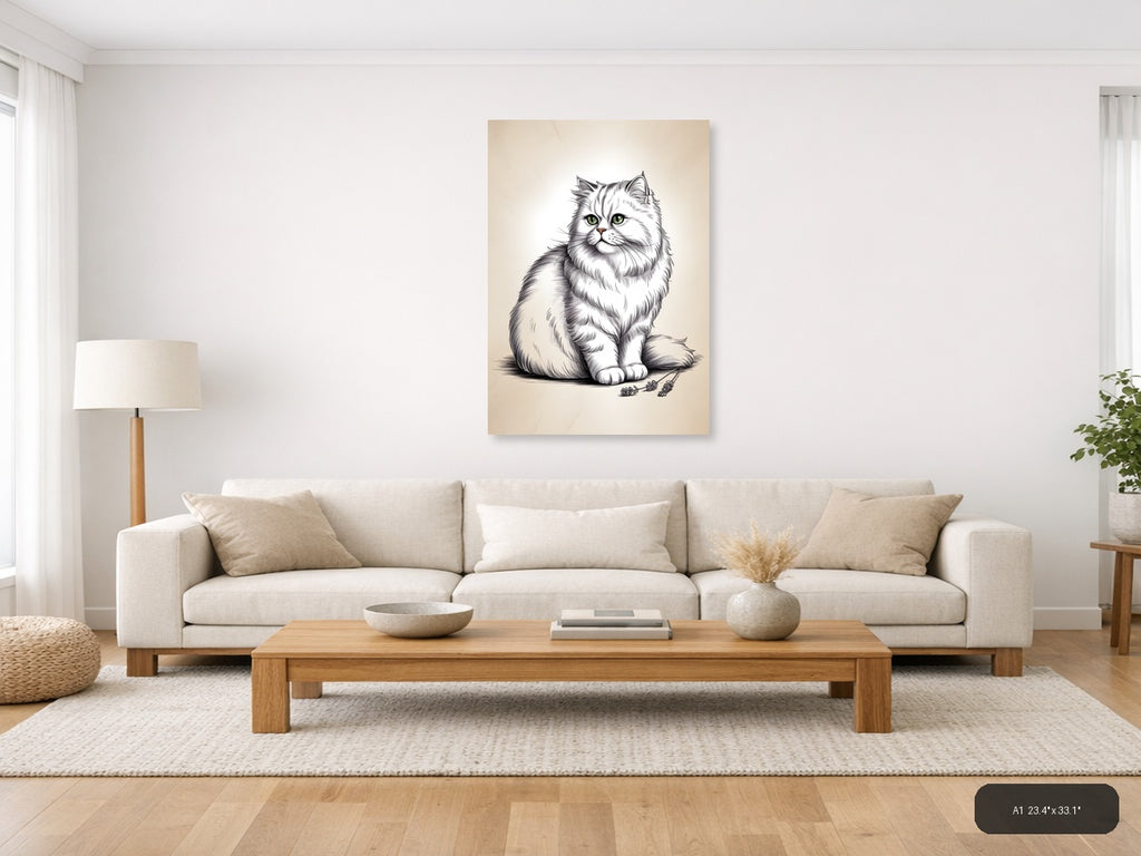 Fluffy White Cat with Green Eyes Line Art Wall Art — A1 / Living Room