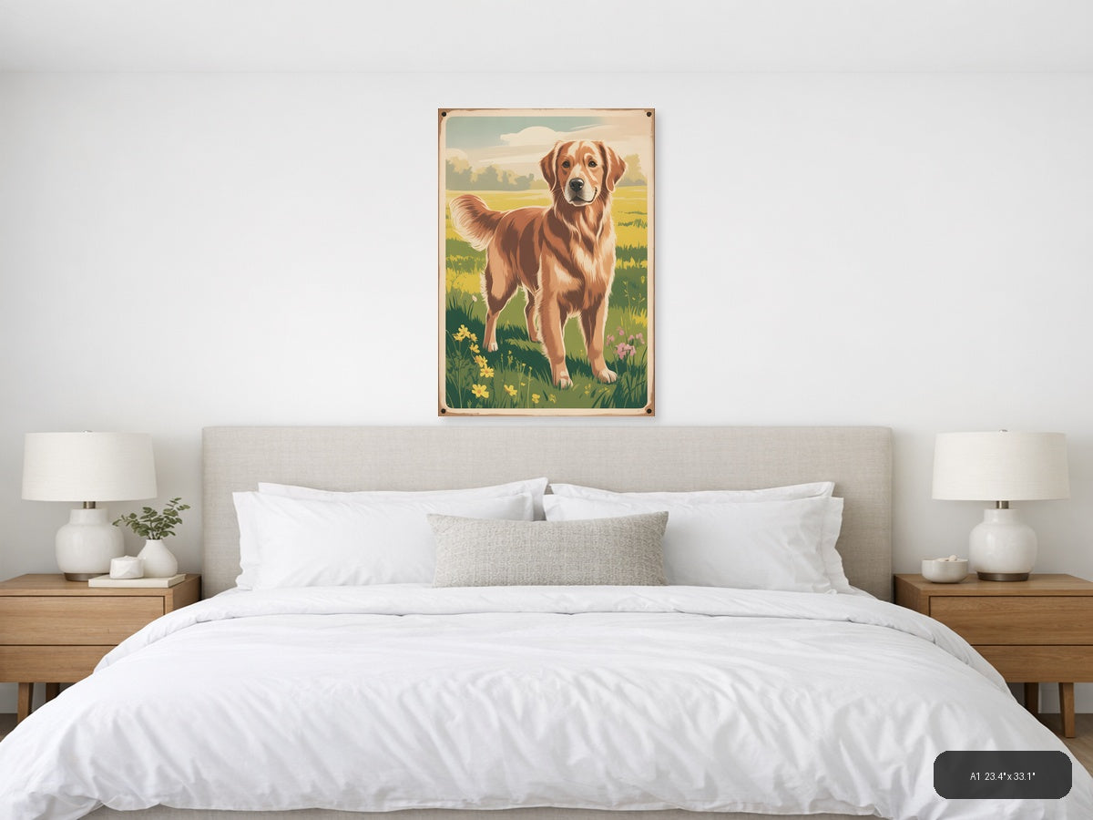 Brown and White Dog in Meadow - Vintage Wall Art — A1 / Bedroom
