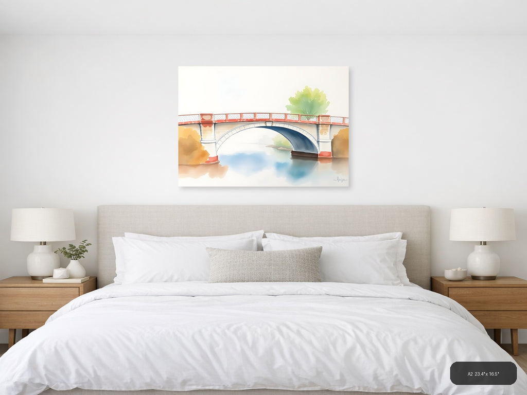 Watercolor Bridge Over Calm Water - Landscape Wall Art — A2 / Bedroom