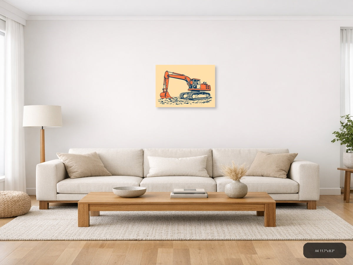 Vintage Orange Excavator Construction Wall Art — A4 / Living Room
