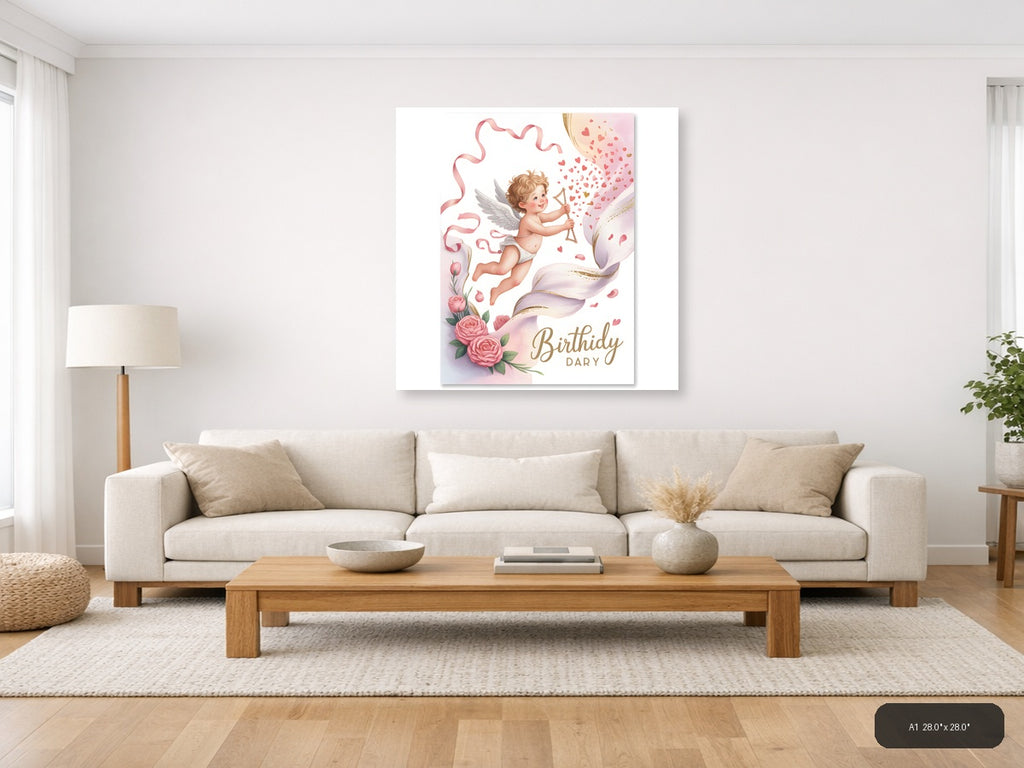 Cupid Birthday Dary Watercolor Angel Wings Wall Art — A1 / Living Room