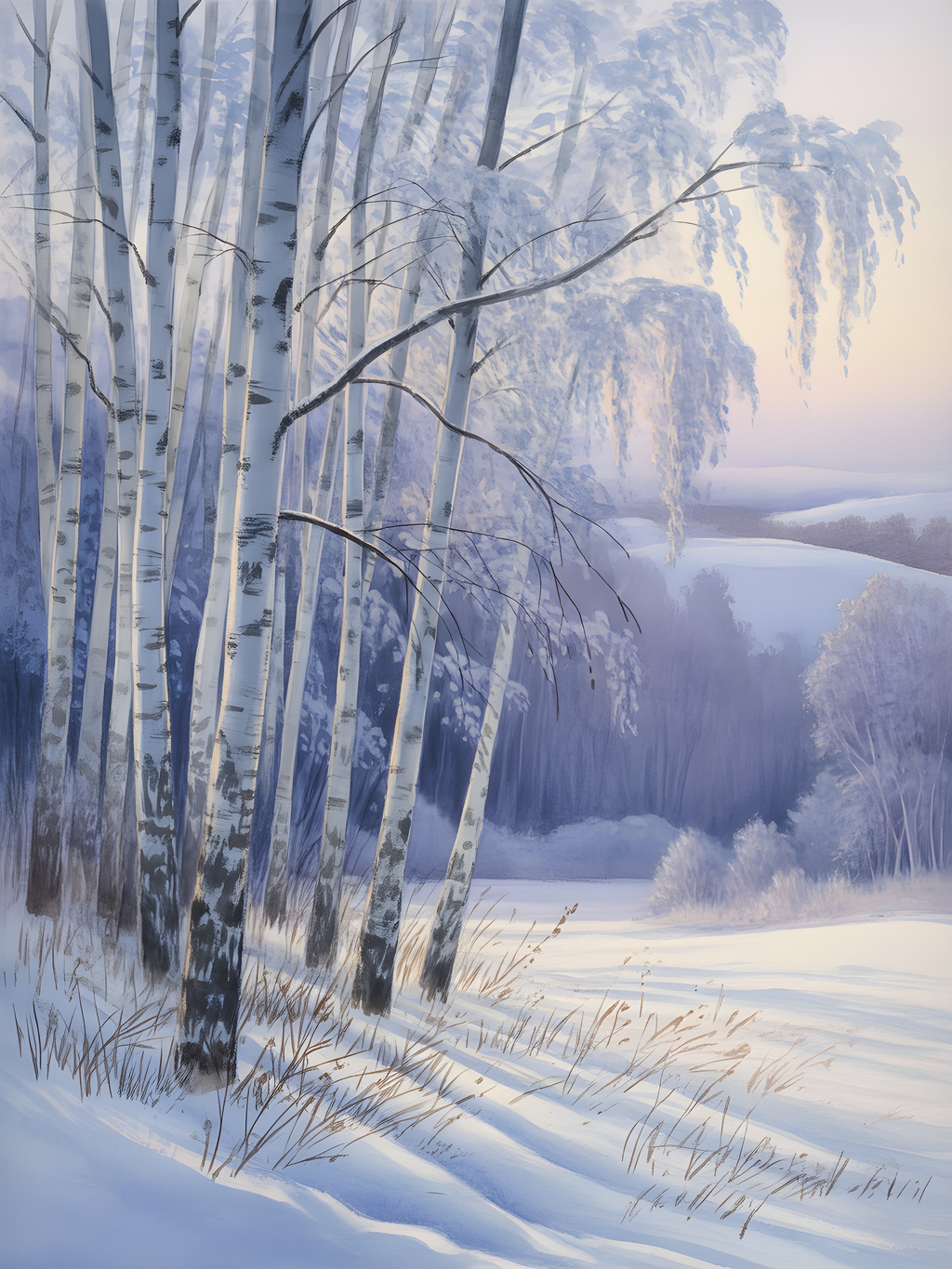 Frozen Birch Trees by Winter Lake Watercolor Wall Art
