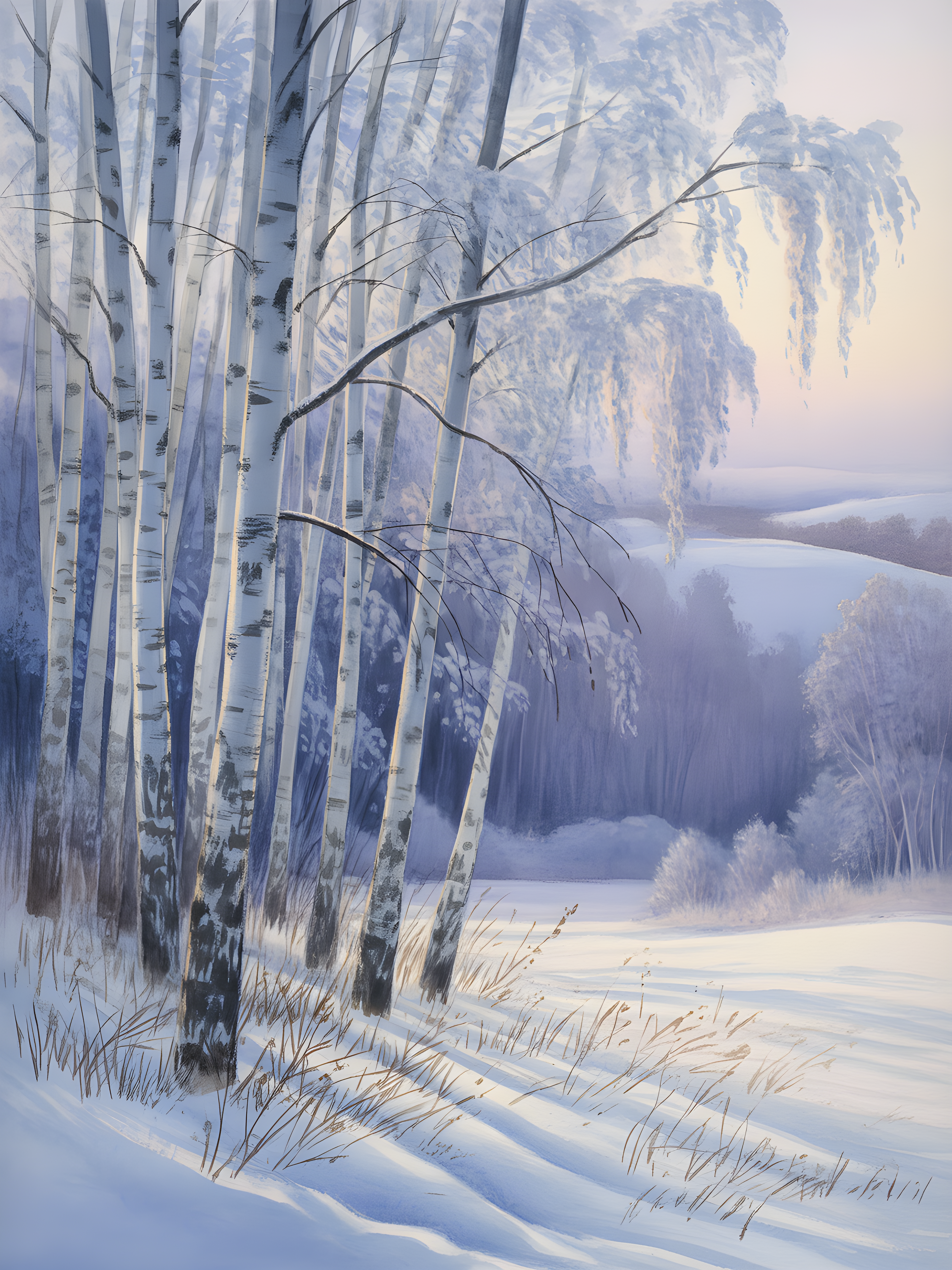 Frozen Birch Trees by Winter Lake Watercolor Wall Art