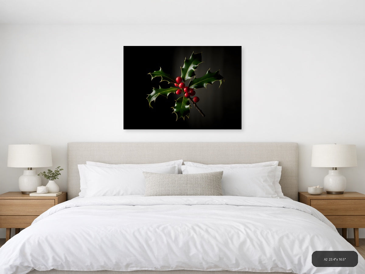 Holly Branch with Red Berries Photography Wall Art — A2 / Bedroom