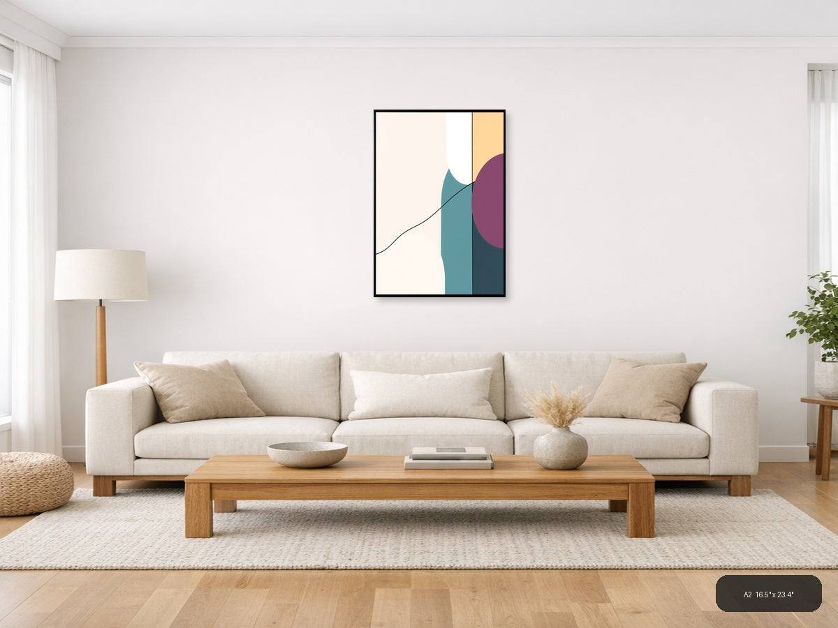 Minimalist Geometric Curves Teal Purple Wall Art — A2 / Living Room