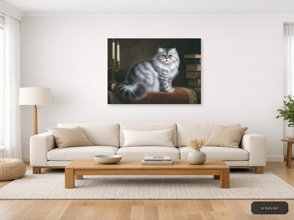 White Fluffy Cat with Green Eyes Portrait Photography Wall Art — A2 / Living Room