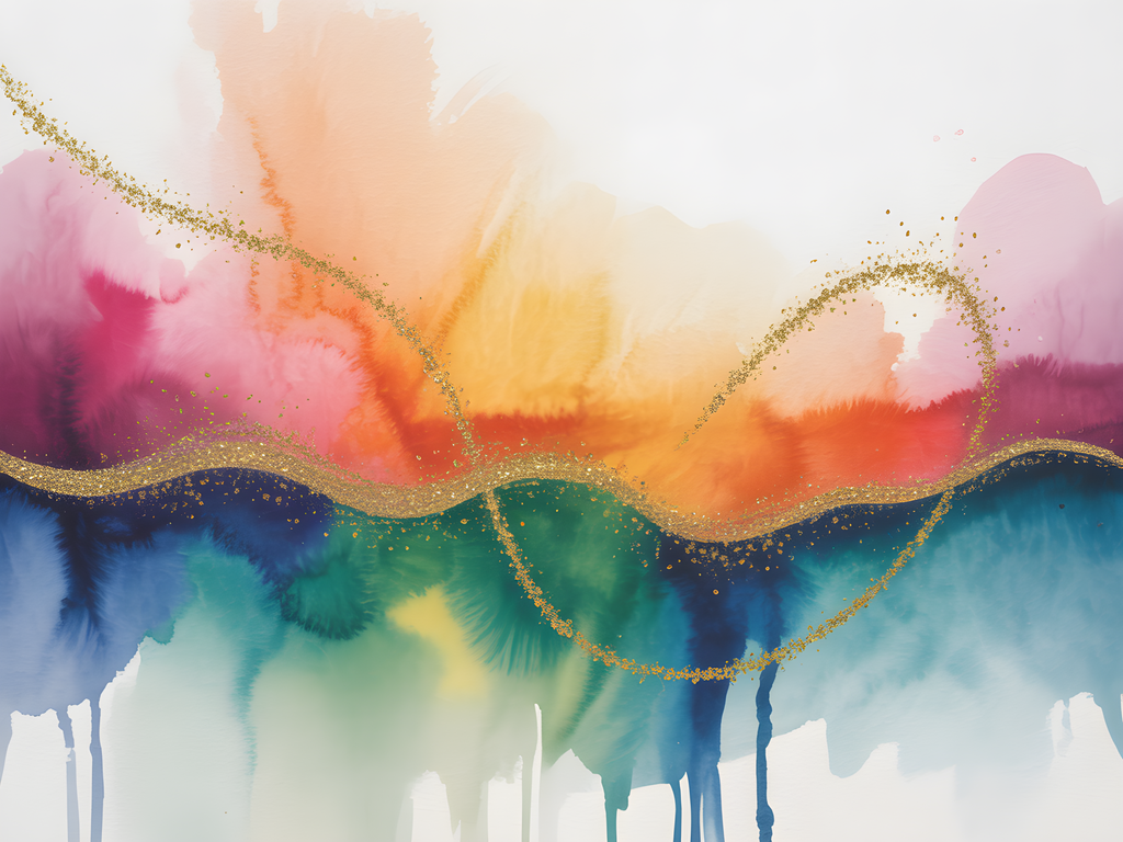 Rainbow Watercolor Landscape with Gold Wave Lines Wall Art