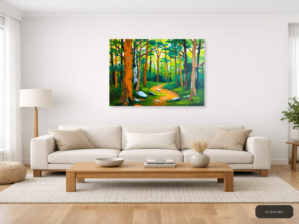 Forest Path Abstract - Vibrant Trees & Stones Wall Art — A2 / Living Room