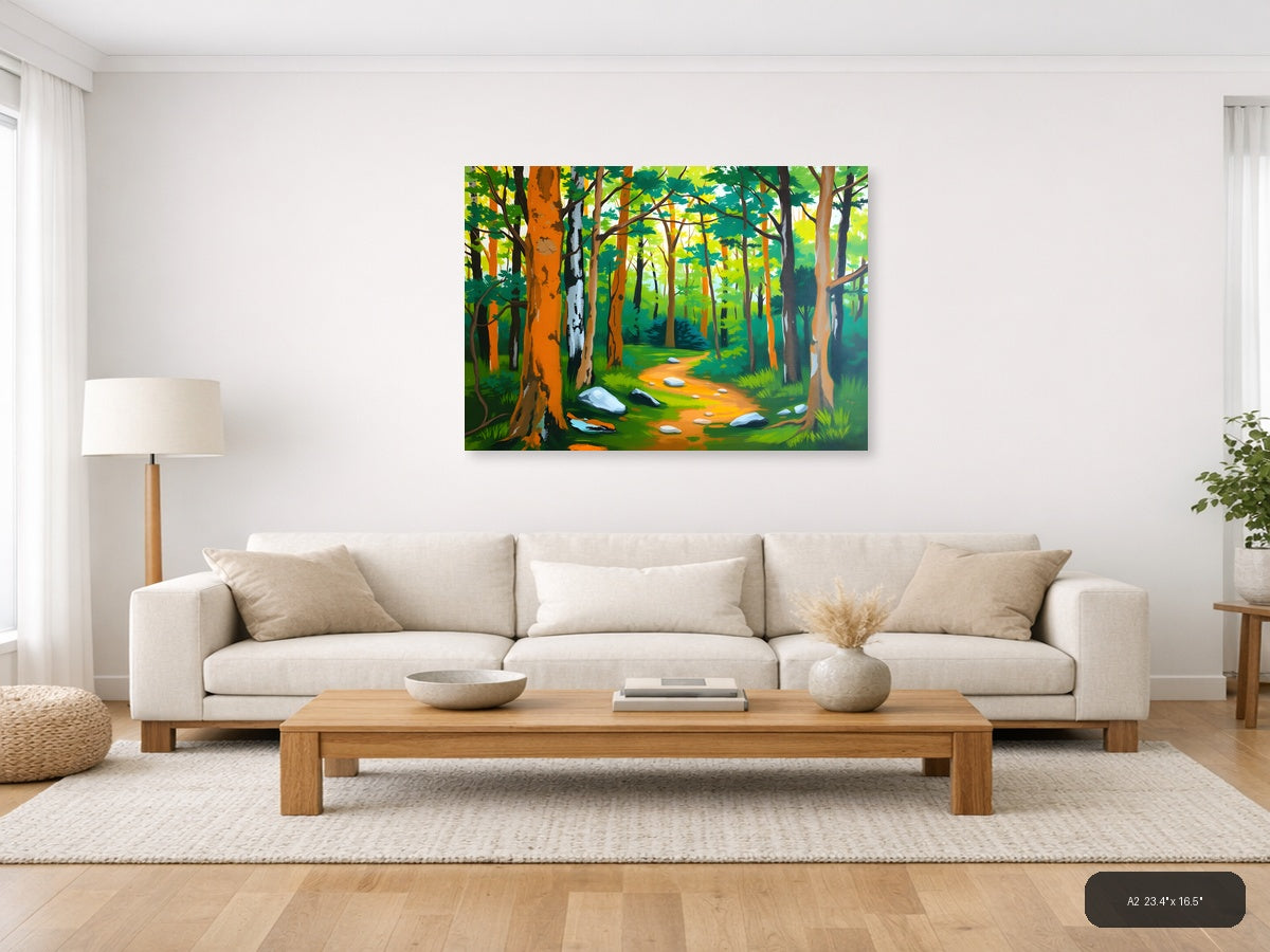 Forest Path Abstract - Vibrant Trees & Stones Wall Art — A2 / Living Room
