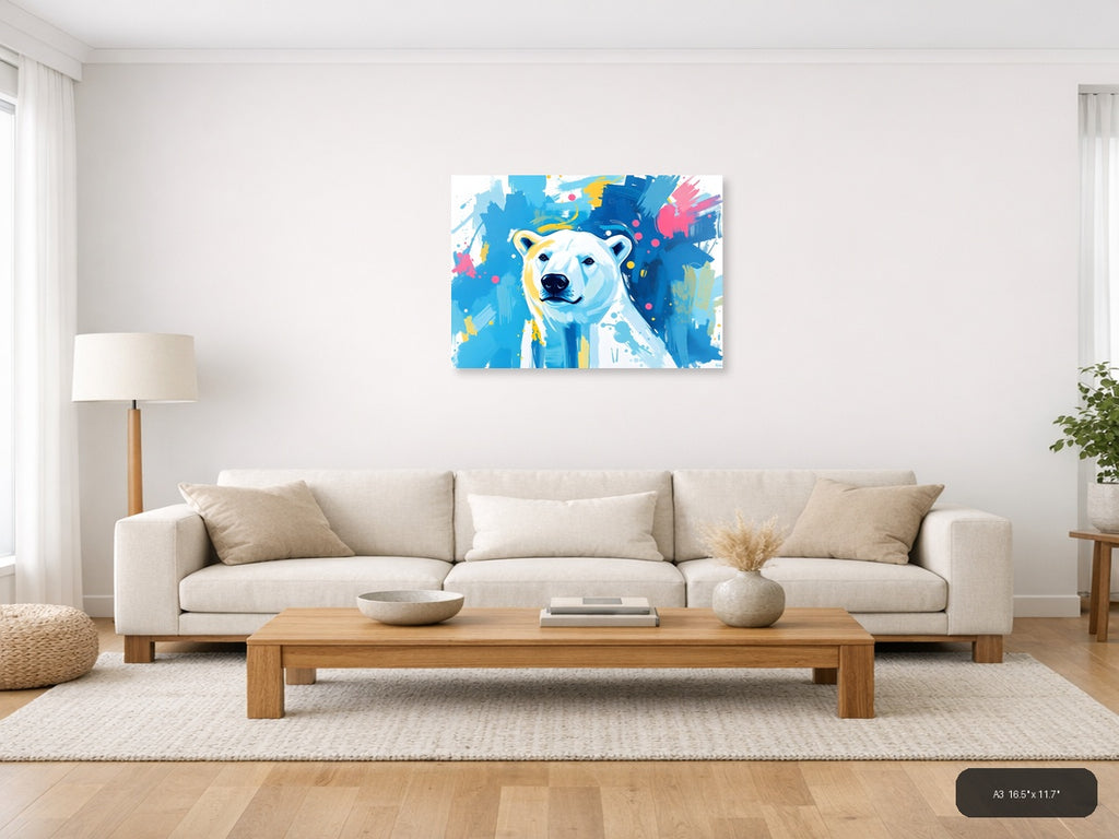 Abstract Polar Bear Portrait Blue Yellow Wall Art — A3 / Living Room