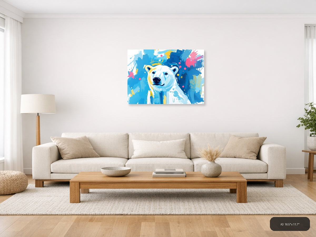 Abstract Polar Bear Portrait Blue Yellow Wall Art — A3 / Living Room