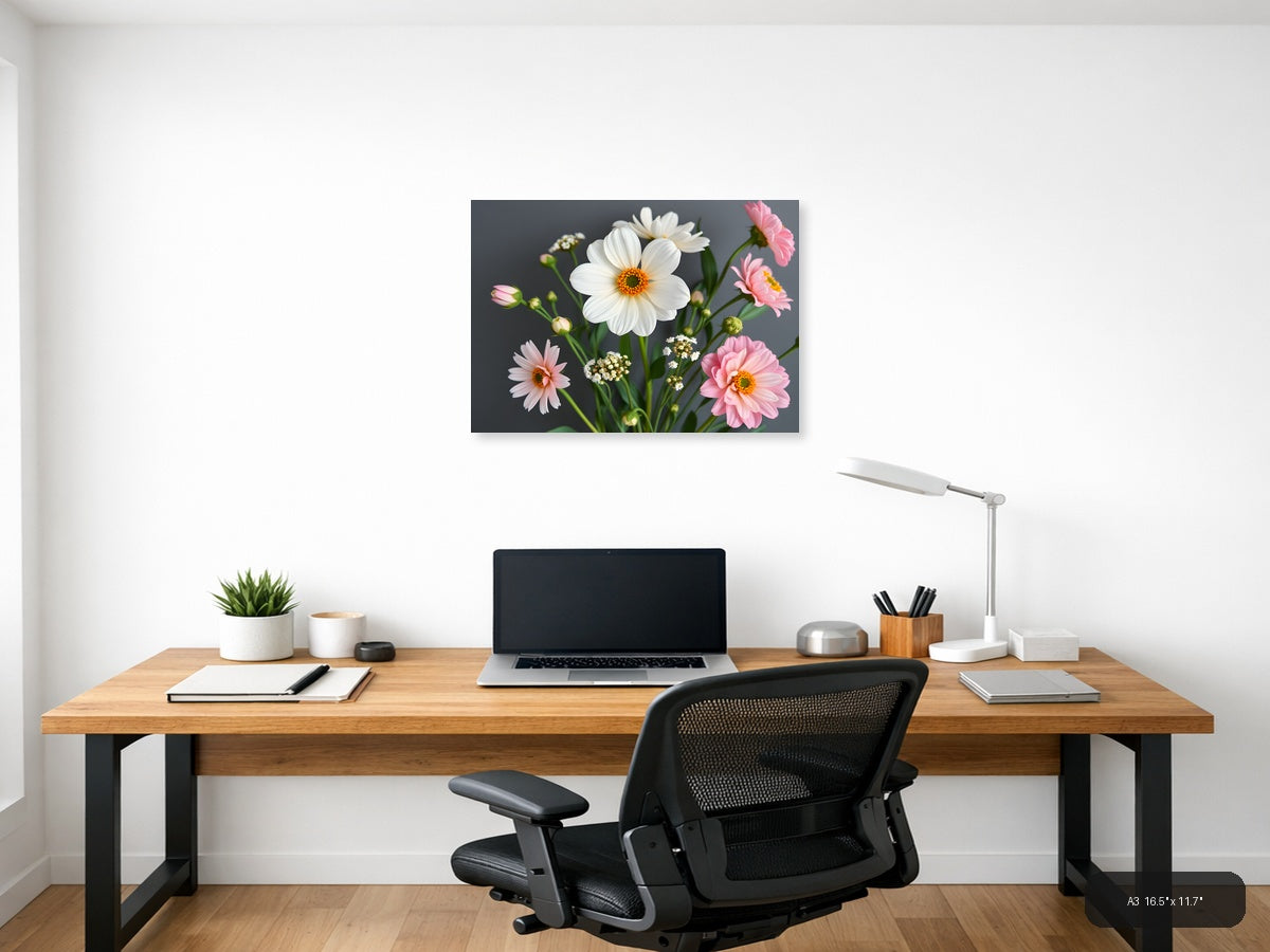 White Daisy & Pink Gerbera Minimalist Flower Wall Art — A3 / Office