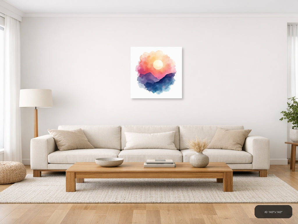 Watercolor Mountain Sunset with Moon Wall Art — A3 / Living Room