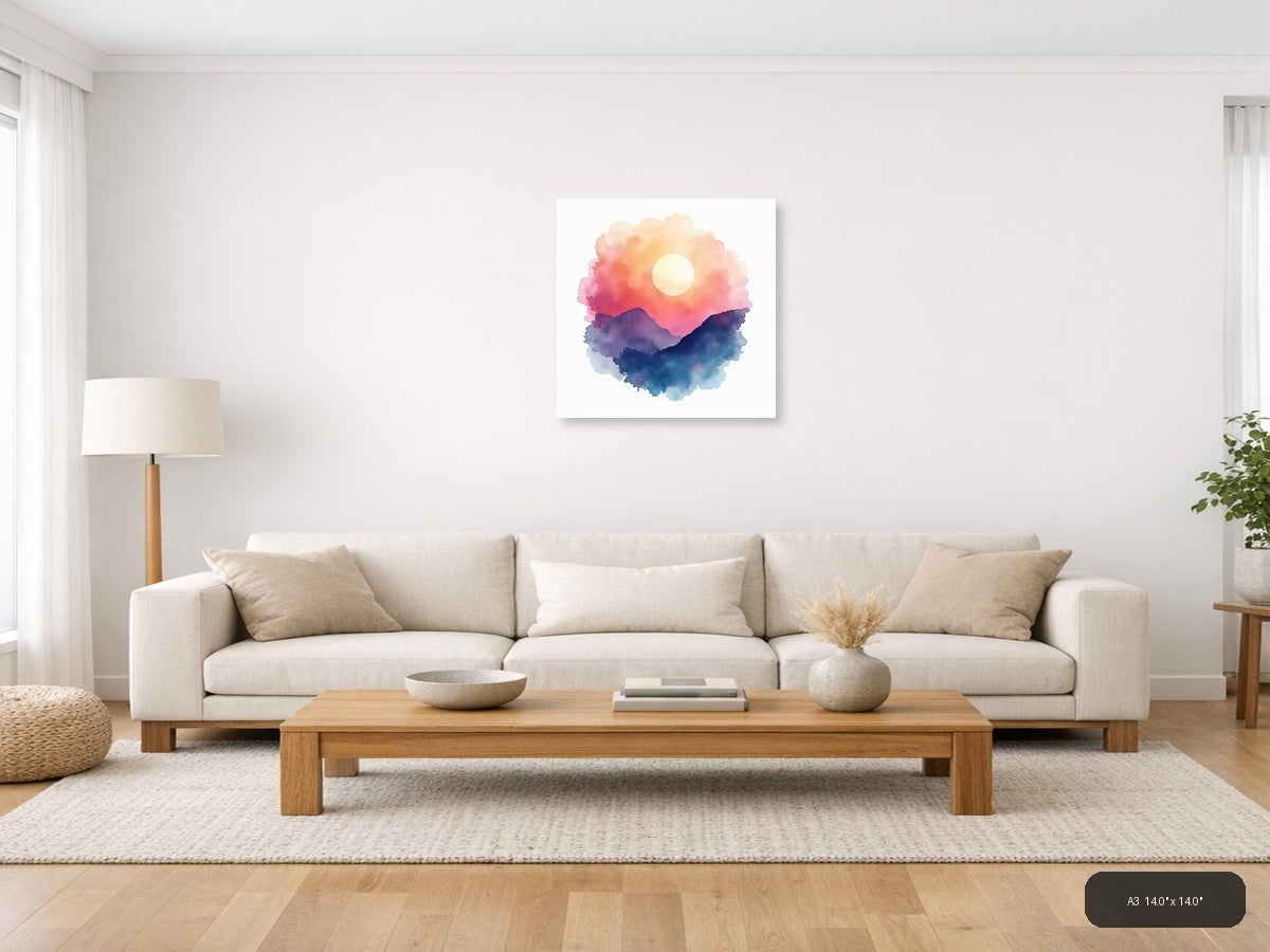 Watercolor Mountain Sunset with Moon Wall Art — A3 / Living Room