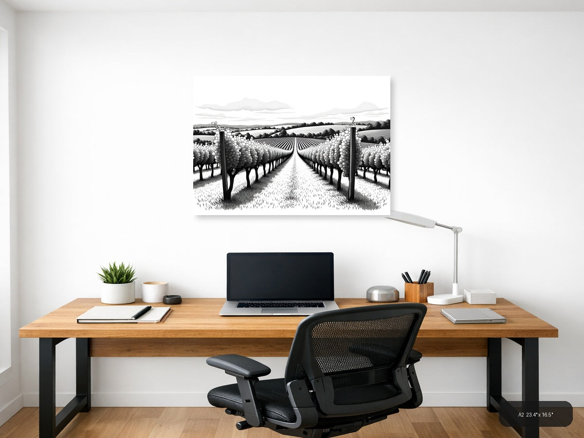 Vineyard Rows Line Art - Black & White Landscape Wall Art — A2 / Office