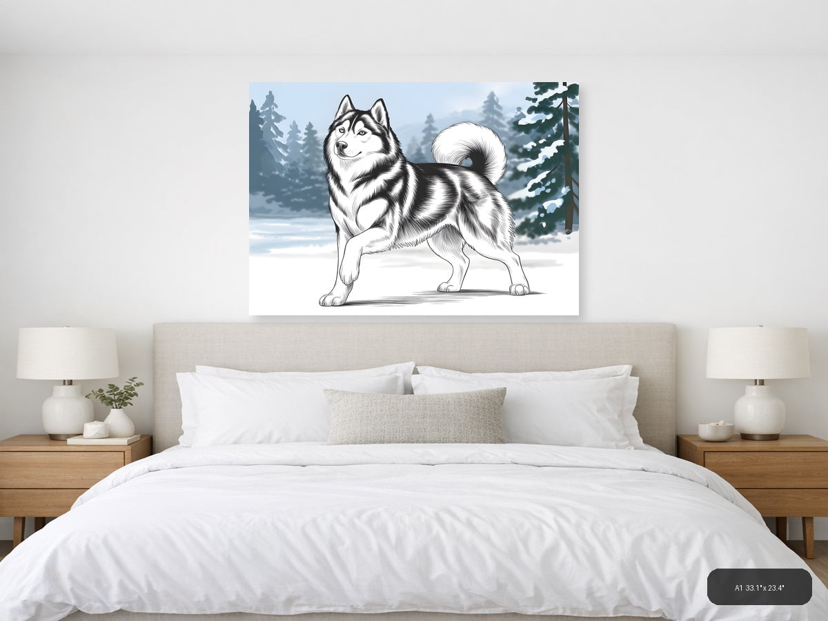 Husky Dog Line Art Winter Forest Landscape Wall Art — A1 / Bedroom