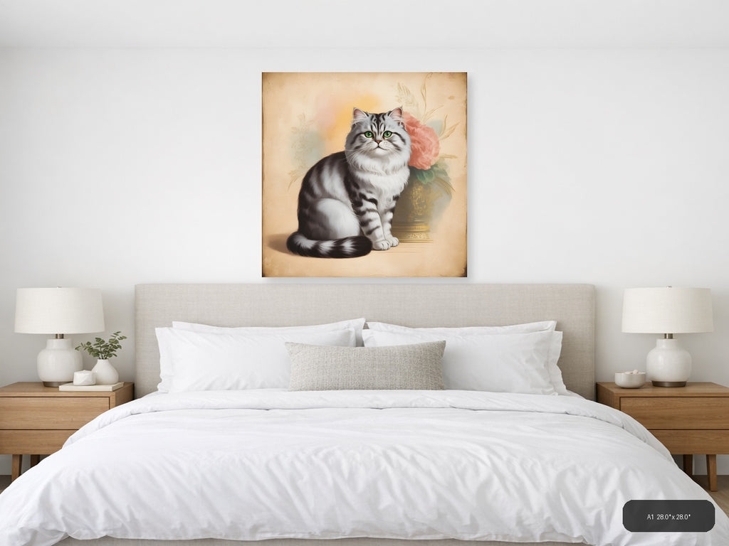 Vintage Grey Tabby Cat with Pink Roses Wall Art — A1 / Bedroom
