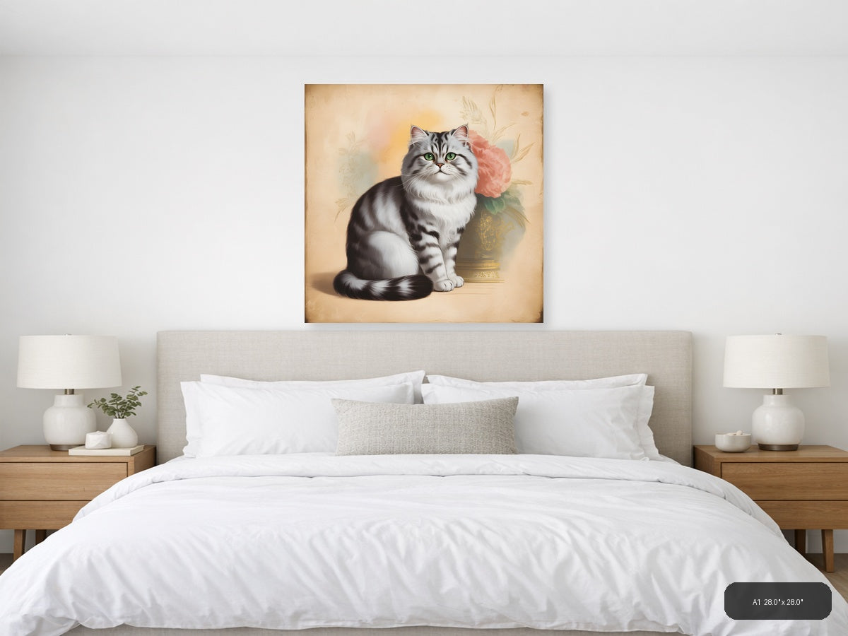 Vintage Grey Tabby Cat with Pink Roses Wall Art — A1 / Bedroom