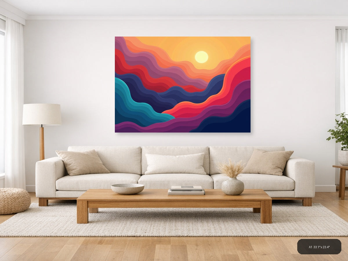 Colorful Abstract Sunset Waves Landscape Wall Art — A1 / Living Room