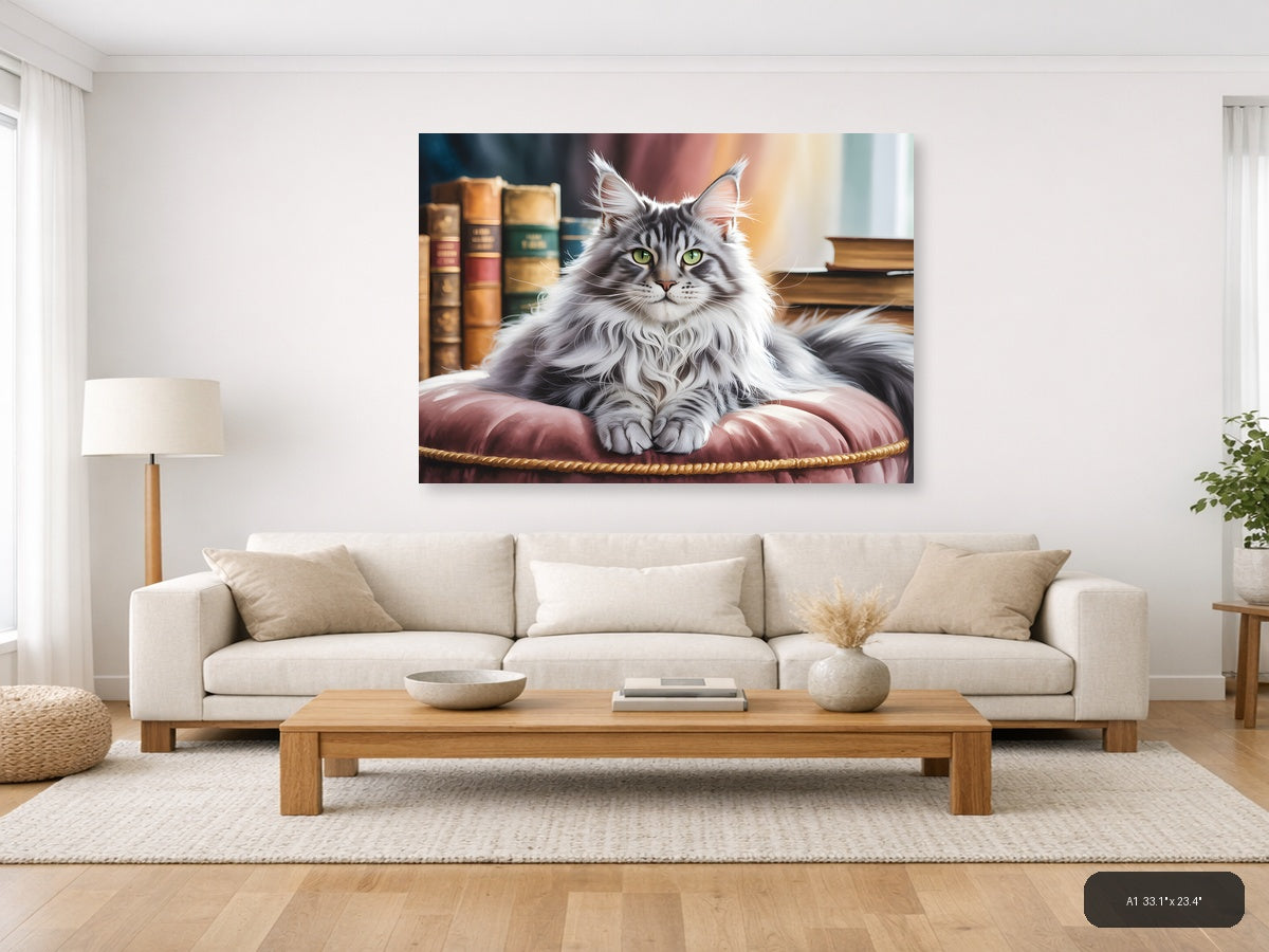 Majestic Long-Haired Cat Library Watercolor Wall Art — A1 / Living Room
