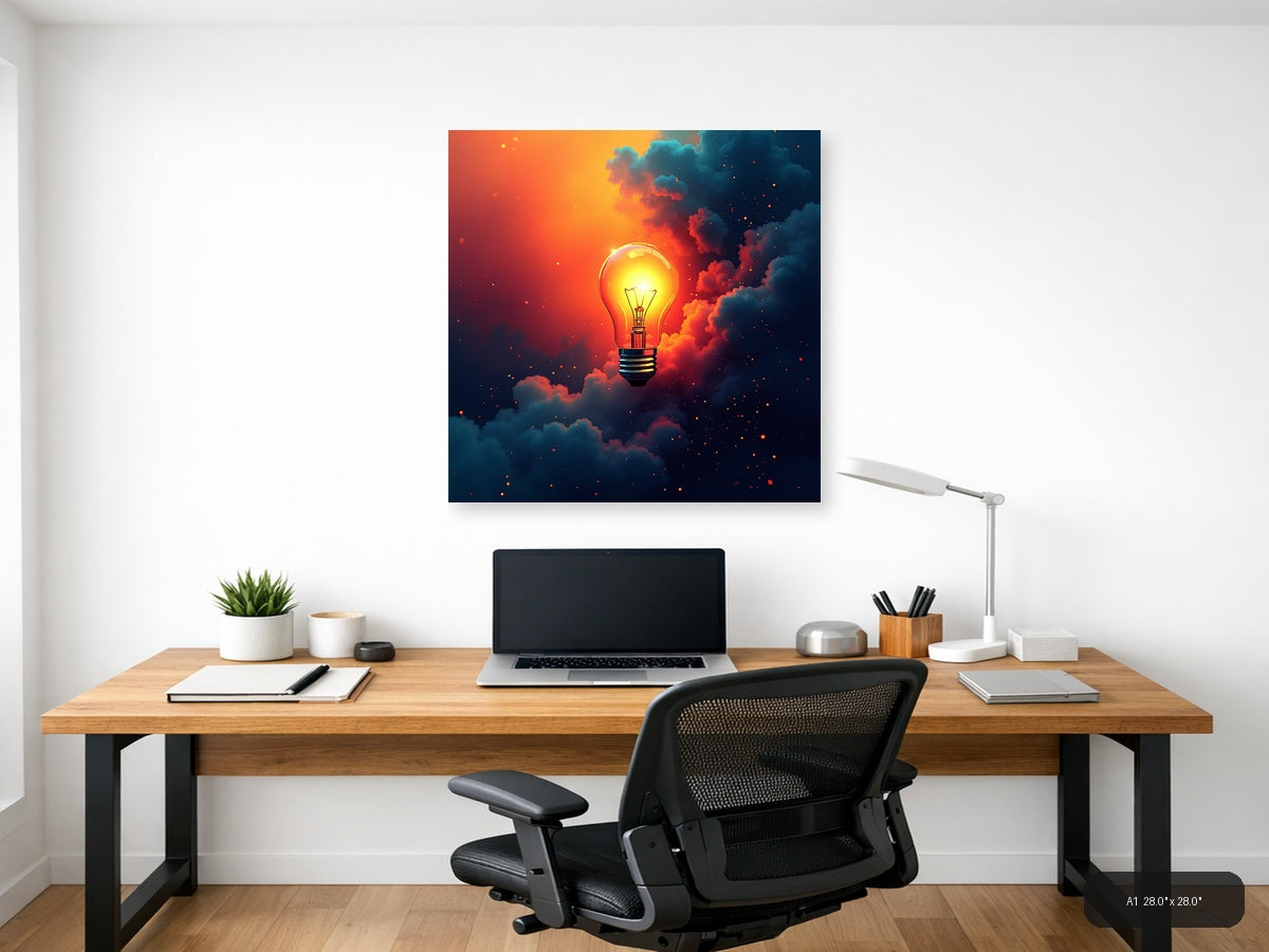 Glowing Lightbulb in Fiery Clouds | Abstract Canvas Print Wall Art — A1 (Office)