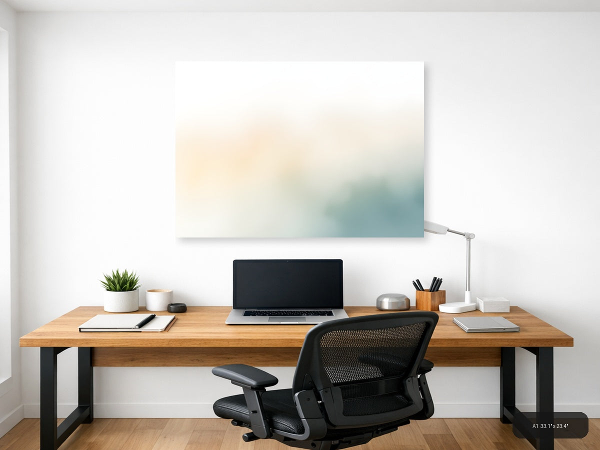 Serene Watercolor Landscape with Soft Teal & Cream Wall Art — A1 / Office