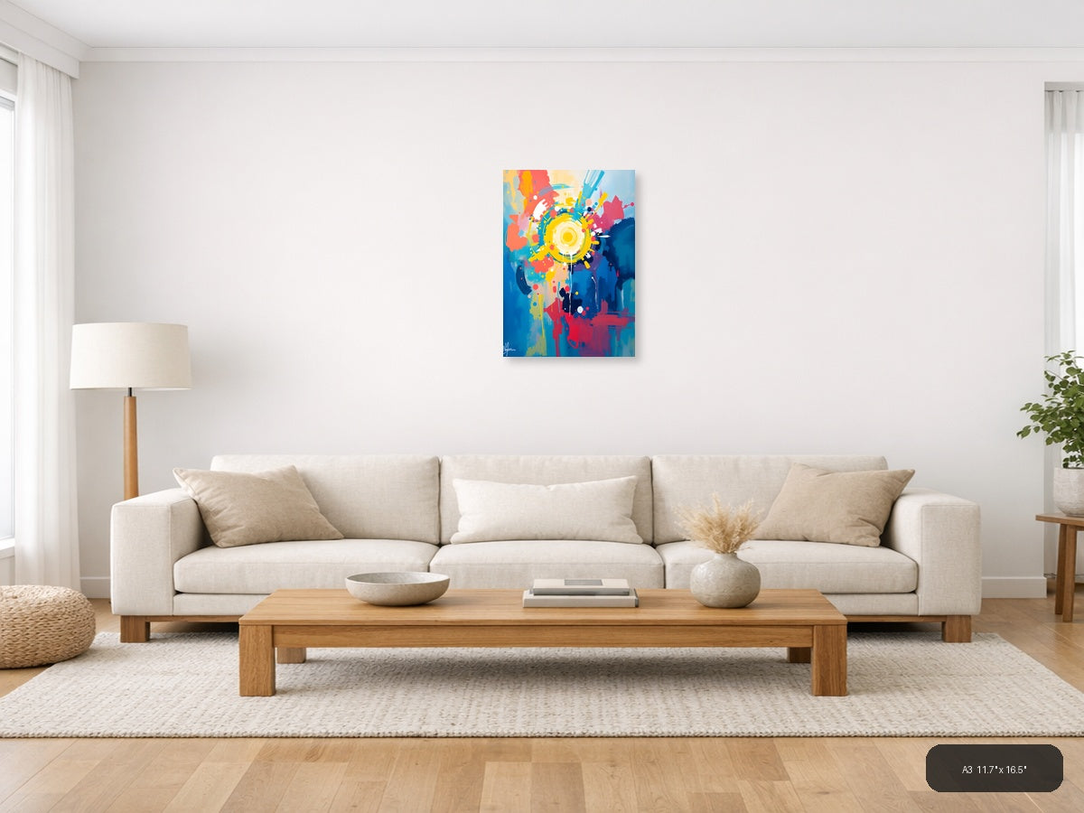Vibrant Abstract Gear Head Burst Yellow Wall Art — A3 / Living Room