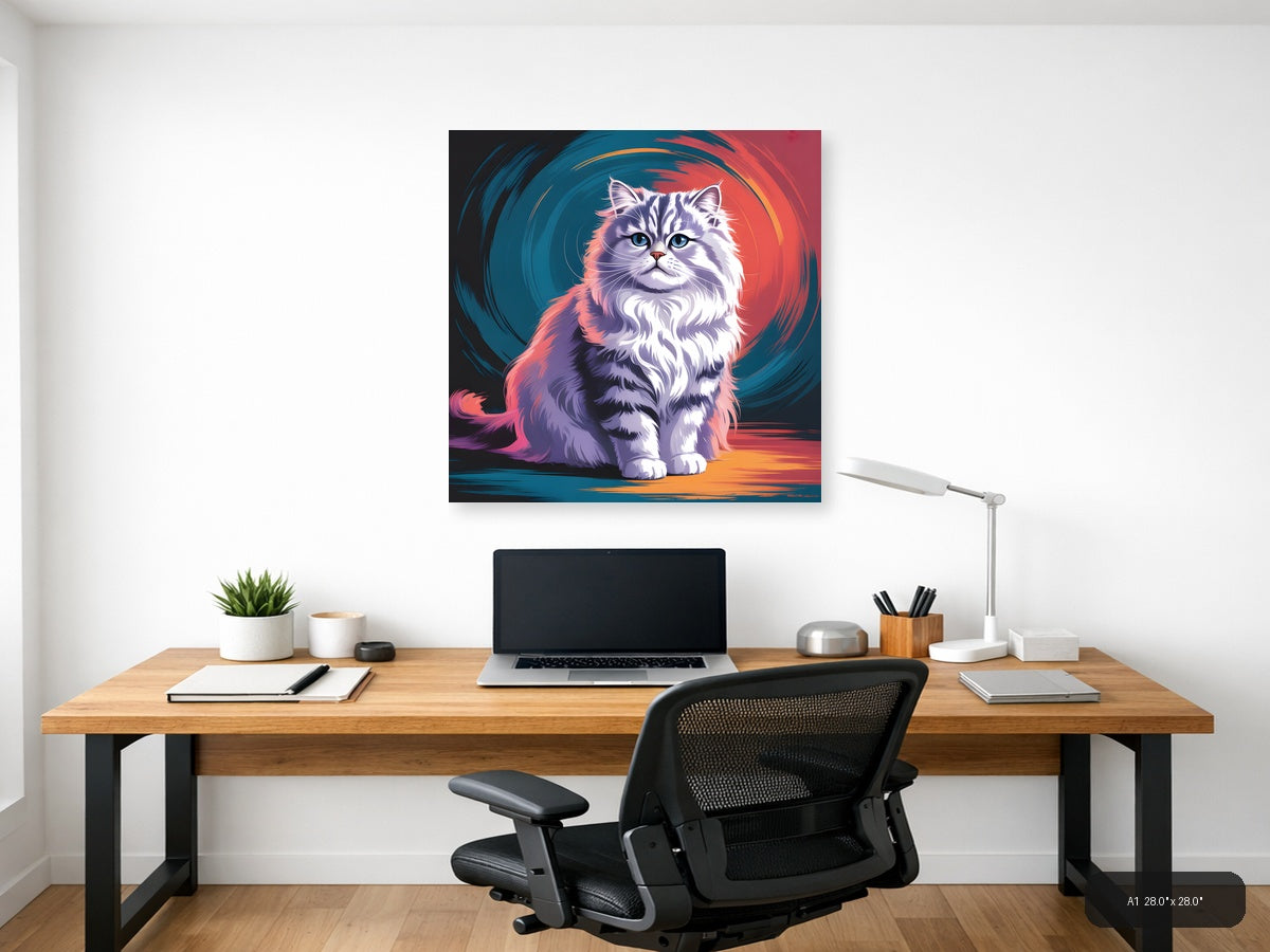 Fluffy Cat Abstract Portrait with Neon Colors Wall Art — A1 / Office