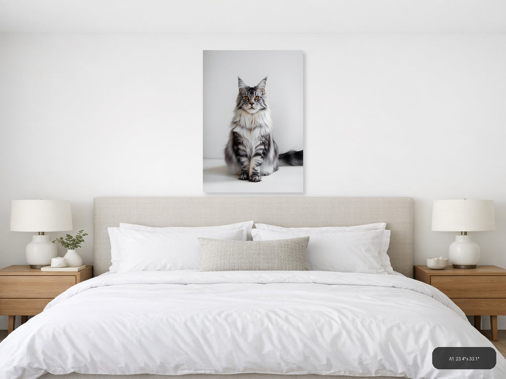 Gray Tabby Cat Portrait Minimalist Wall Art — A1 / Bedroom