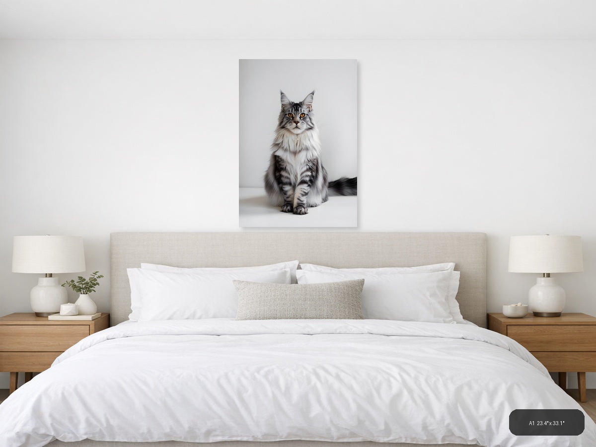 Gray Tabby Cat Portrait Minimalist Wall Art — A1 / Bedroom