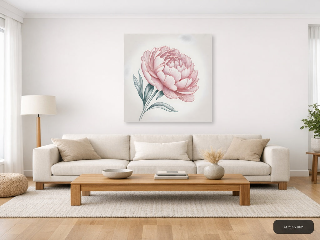 Pink Peony Line Art Botanical Drawing Wall Art — A1 / Living Room