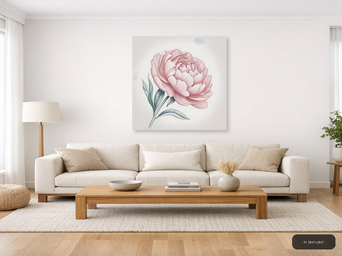 Pink Peony Line Art Botanical Drawing Wall Art — A1 / Living Room