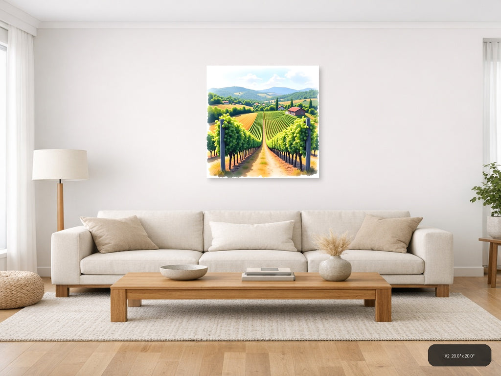 Tuscan Vineyard Landscape Watercolor Wall Art — A2 / Living Room