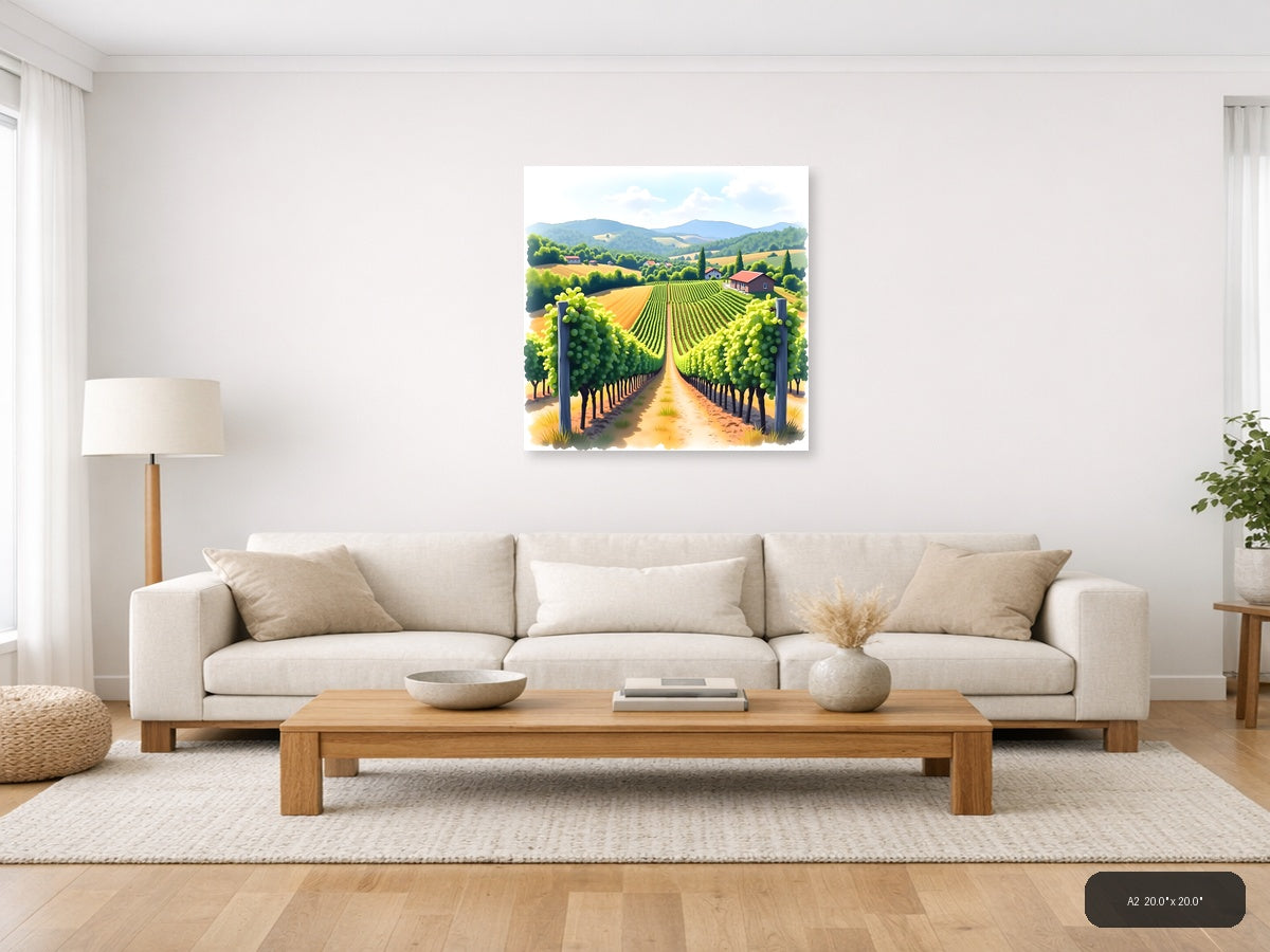 Tuscan Vineyard Landscape Watercolor Wall Art — A2 / Living Room