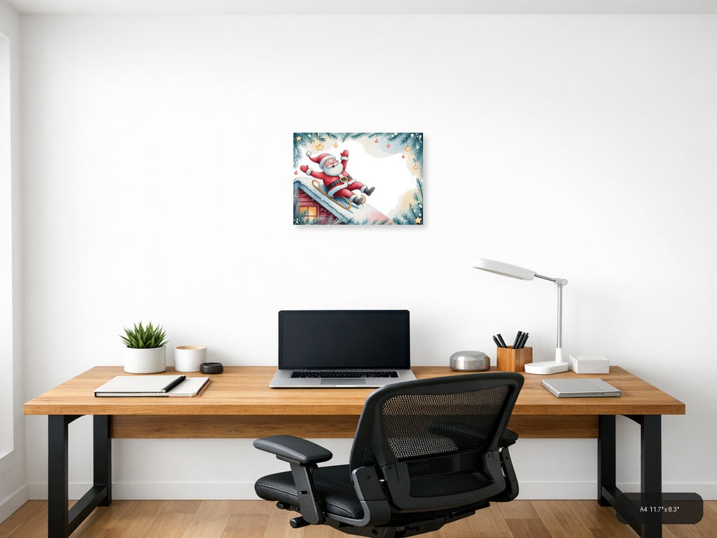 Santa Sledding Watercolor Christmas Wall Art — A4 / Office