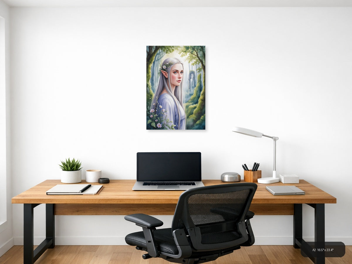 Elven Forest Maiden Watercolor Portrait Wall Art — A2 / Office